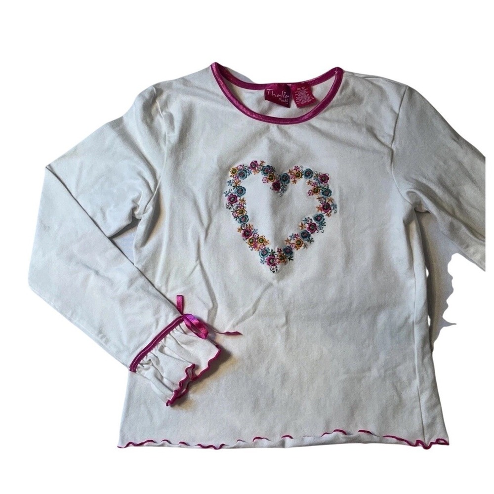 Thalia‎ Sodi Girls Heart Embroidery Long Sleeve Top White Pink Size 10/12 Ruffle